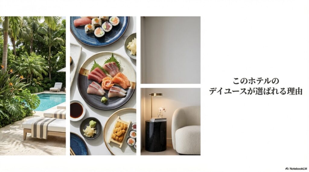 ANAインターコンチネンタルホテル東京のデイユースが選ばれる理由について解説するスライド画像