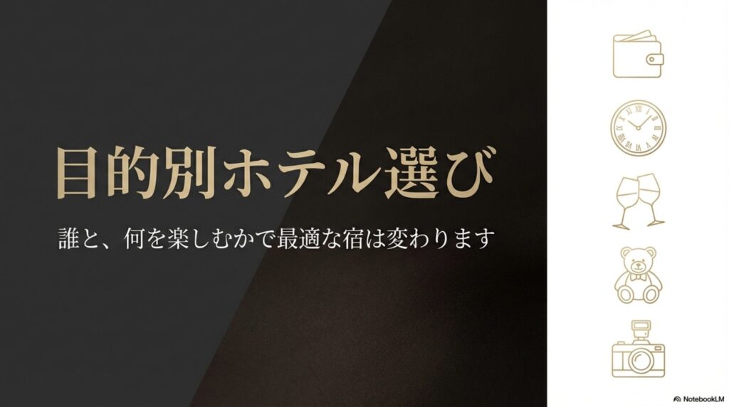 目的別ホテル選び：誰と、何を楽しむかで最適な宿は変わります
