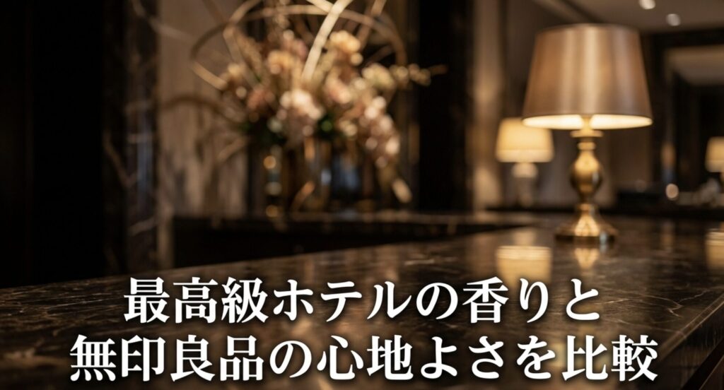 最高級ホテルの香りと無印良品の心地よさを比較と書かれたスライド画像