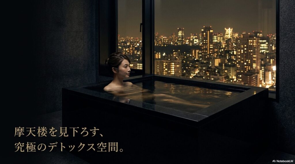 アマン東京の客室から摩天楼を見下ろす究極のデトックス空間を表現したスライド