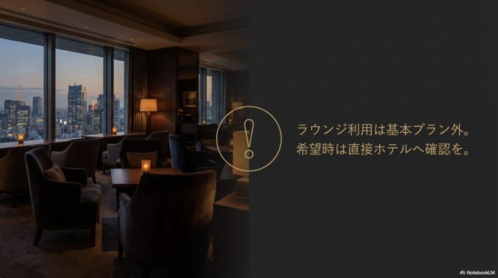 デイユースではクラブラウンジ利用が基本プラン外であり希望時はホテルへの確認が必要である旨を記載したスライド画像