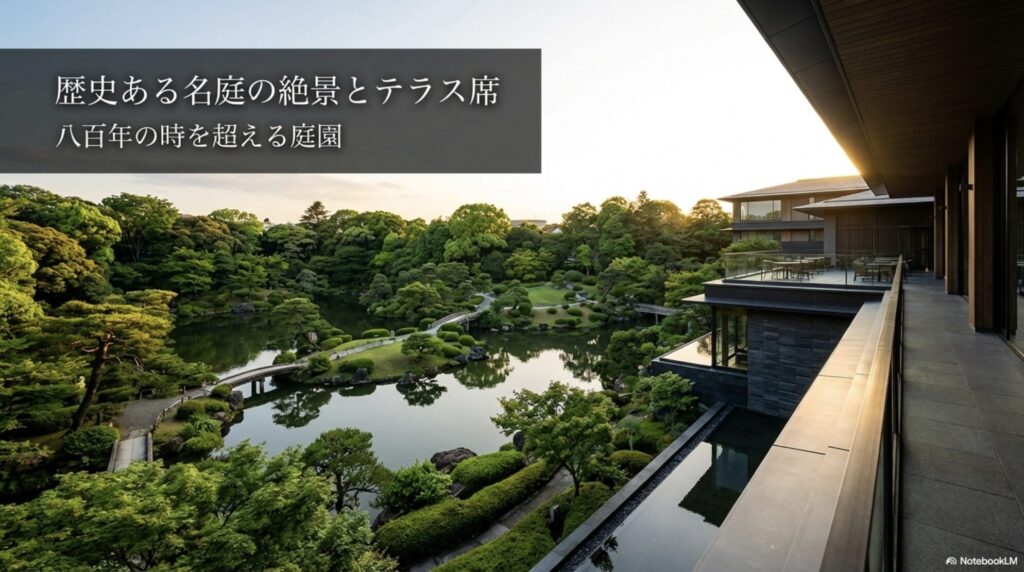 フォーシーズンズホテル京都の八百年の歴史を誇る庭園積翠園とテラス席の風景スライド