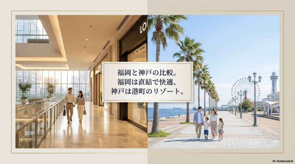 福岡は直結で快適、神戸は港町のリゾートという両ホテルの特徴を比較するスライド画像