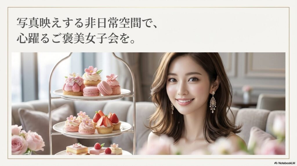 ホテル空間でアフタヌーンティーを楽しむ女性