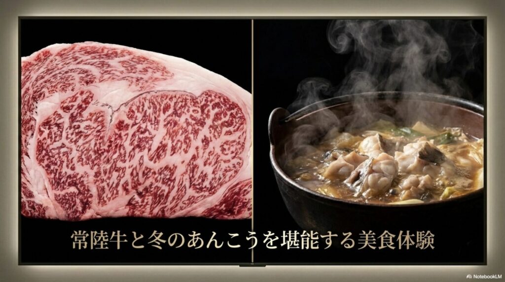 茨城の高級旅館で味わえる美しいサシの入った常陸牛と冬のあんこう鍋の写真