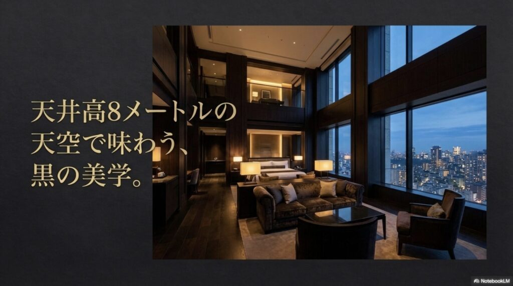 アマン東京の天井高8メートルのラウンジで味わう黒の美学と極上体験を示すスライド