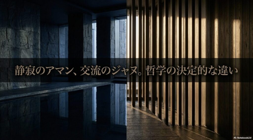 静寂を求めるアマンと交流を重視するジャヌの哲学の決定的な違いを比較するスライド