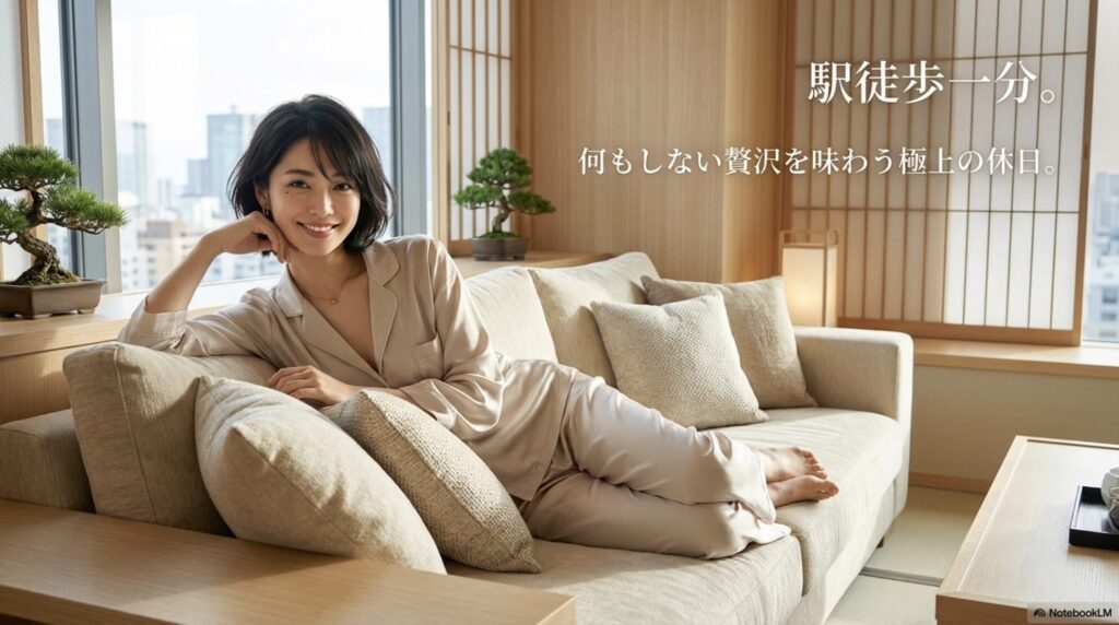 ソファでくつろぐ女性の様子と、駅徒歩一分で何もしない贅沢を味わえることを紹介するスライド画像