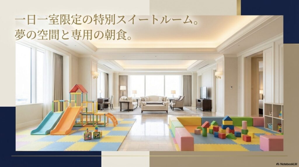 一日一室限定の特別スイートルームにおける夢の空間と専用の朝食を解説するスライド画像