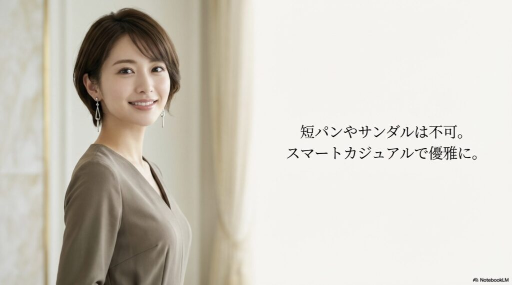 短パンやサンダルは不可、スマートカジュアルを推奨するドレスコード案内