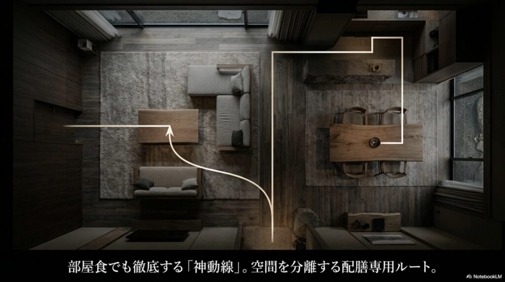 スタッフとの接触を極力回避し空間を完全に分離する部屋食の配膳専用ルート