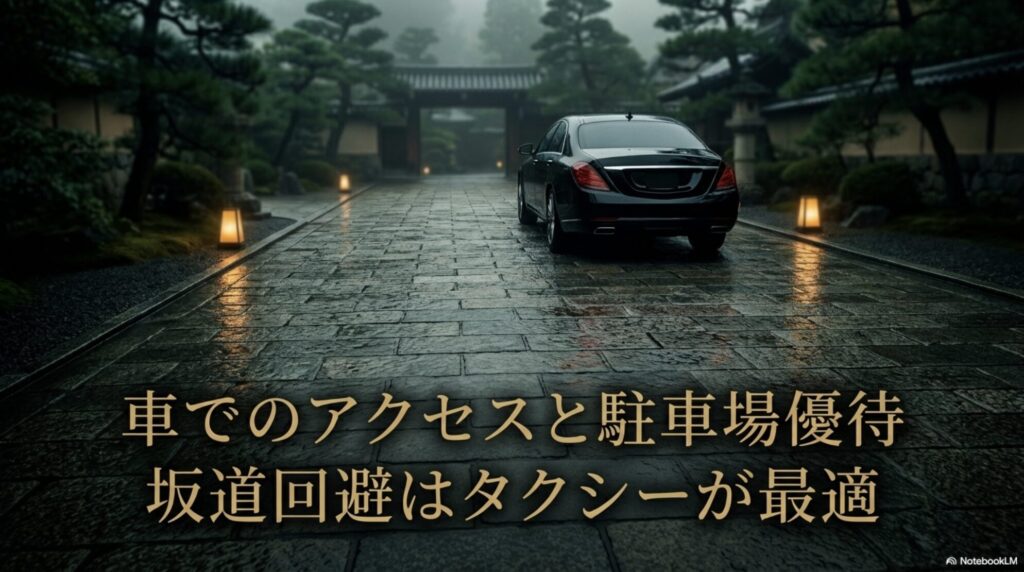 車でのアクセスと駐車場優待、タクシー利用の推奨について記載された案内スライド