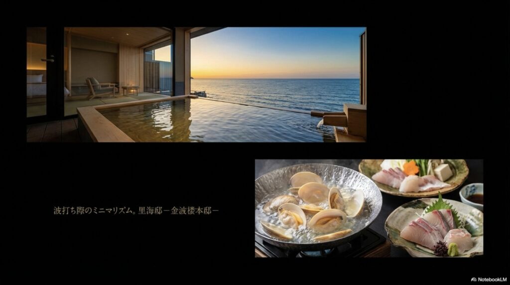 波打ち際のミニマリズムを体現する里海邸金波楼本邸の海が見える露天風呂と美味しそうな海鮮料理
