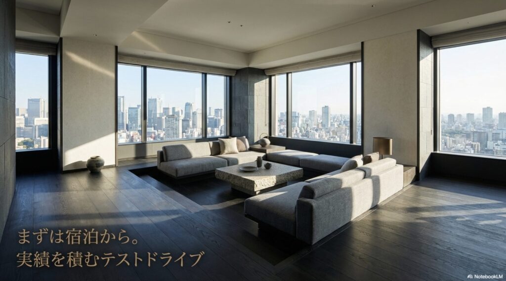 アマン東京の会員になるために、まずは宿泊から実績を積むテストドライブの重要性を説くスライド