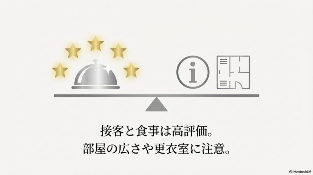 利用者の口コミから接客と食事の高評価、および部屋の広さや更衣室に関する注意点をまとめたスライド画像