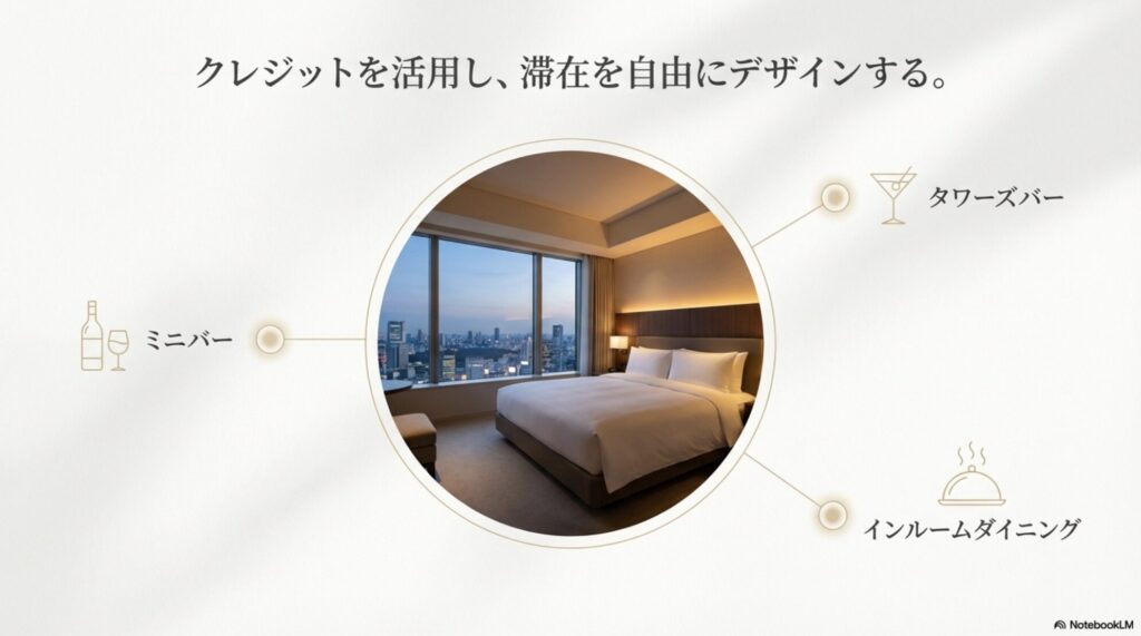 タワーズバーやインルームダイニングなどに活用できるホテルクレジット