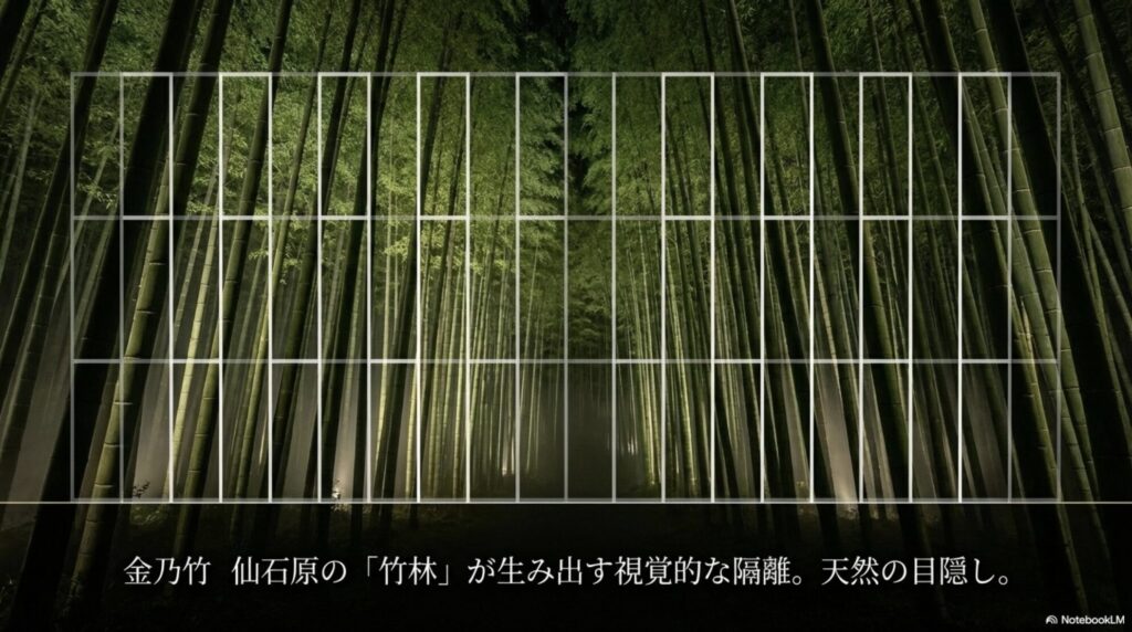天然の目隠しとして機能する金乃竹仙石原の竹林が生み出す完璧な視覚的隔離