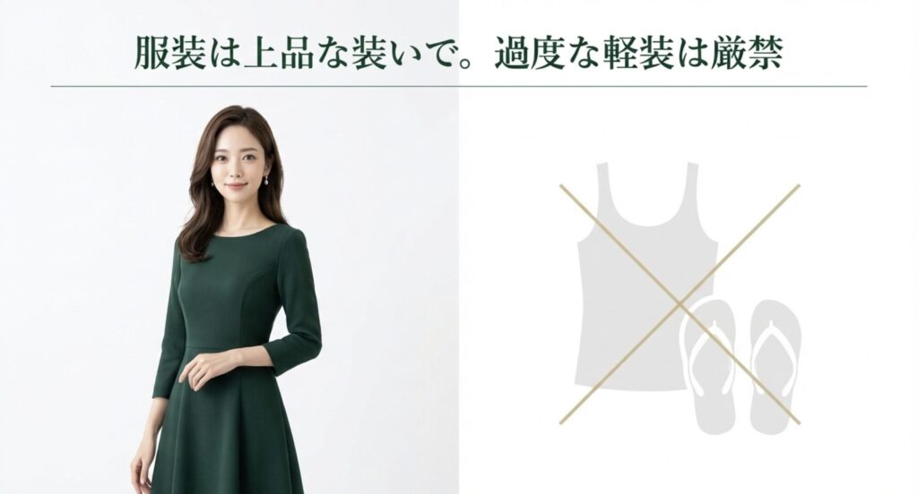 服装は上品な装いで。過度な軽装は厳禁