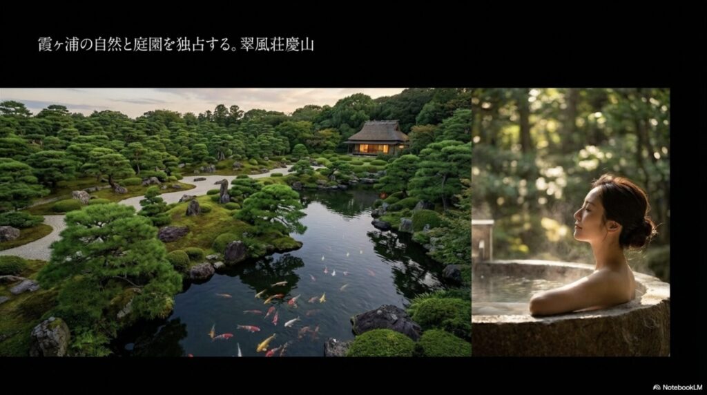 霞ヶ浦の自然と広大な日本庭園を独占できる翠風荘慶山の露天風呂でくつろぐ女性の様子