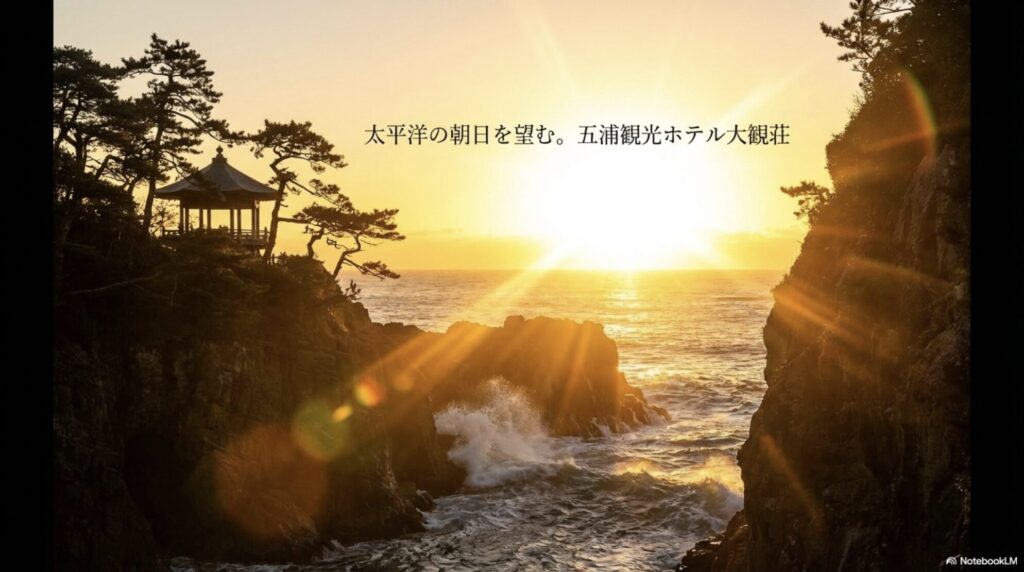 太平洋の絶景と力強い朝日を望む五浦観光ホテル大観荘と六角堂の美しい風景