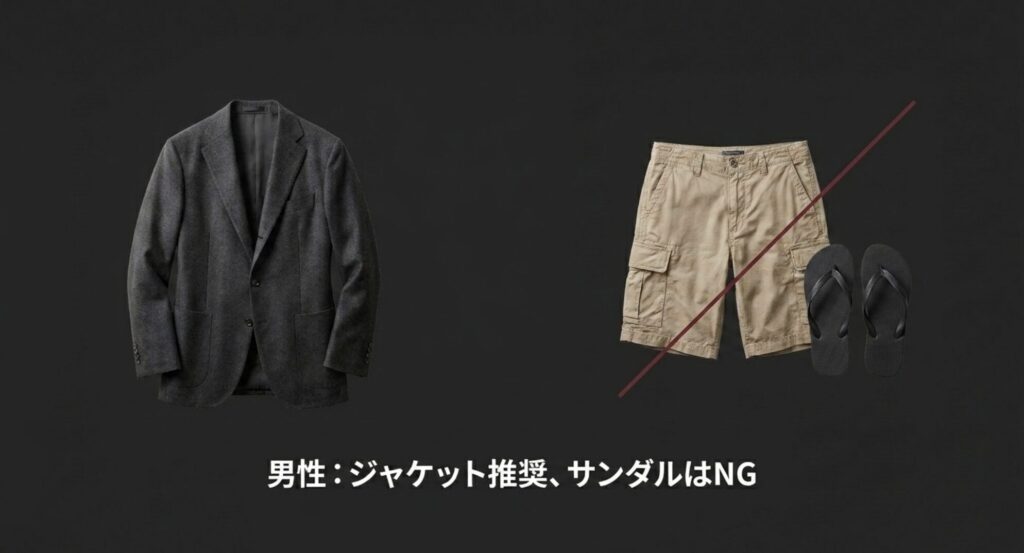 推奨される男性の上質なテーラードジャケットとNGとされるサンダル・ハーフパンツ