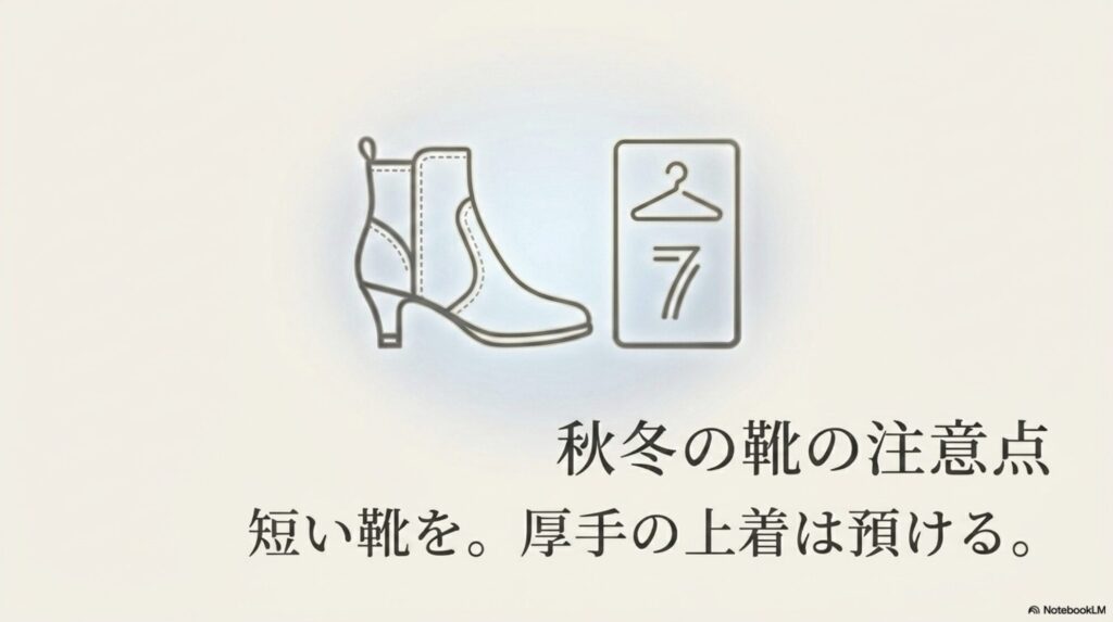 秋冬のランチにおける短いブーツの推奨と厚手のアウターを預けるマナーを解説するスライド