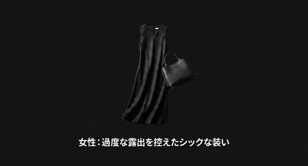 女性向けの露出を控えた上質でシックな黒いワンピースとハンドバッグ