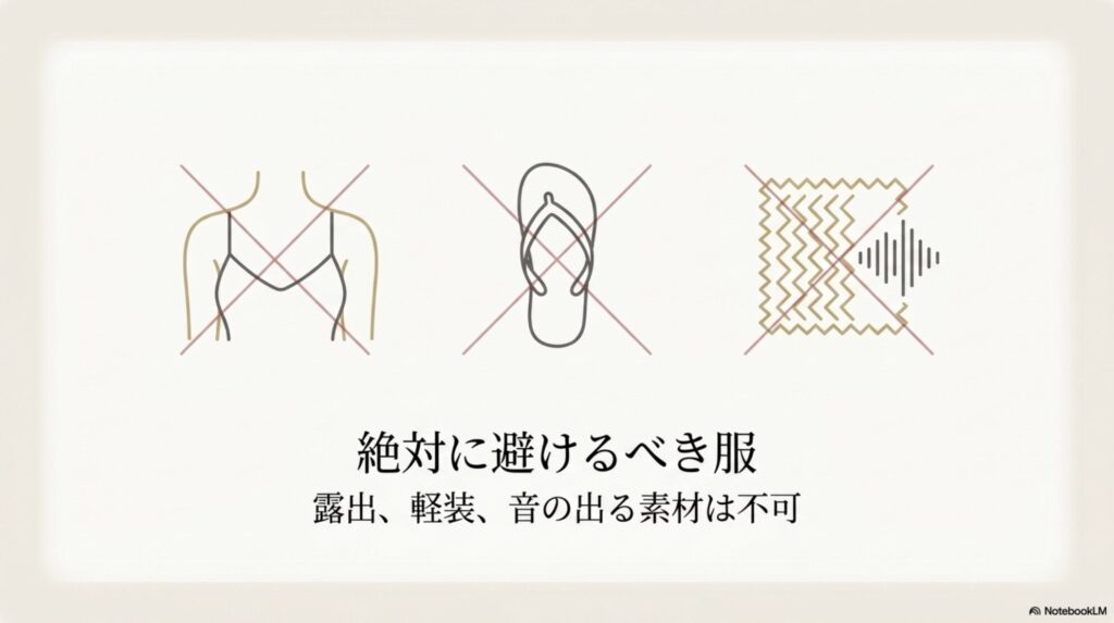 露出の多い服やビーチサンダル、音の出る素材など絶対に避けるべきNGな服装のイラスト