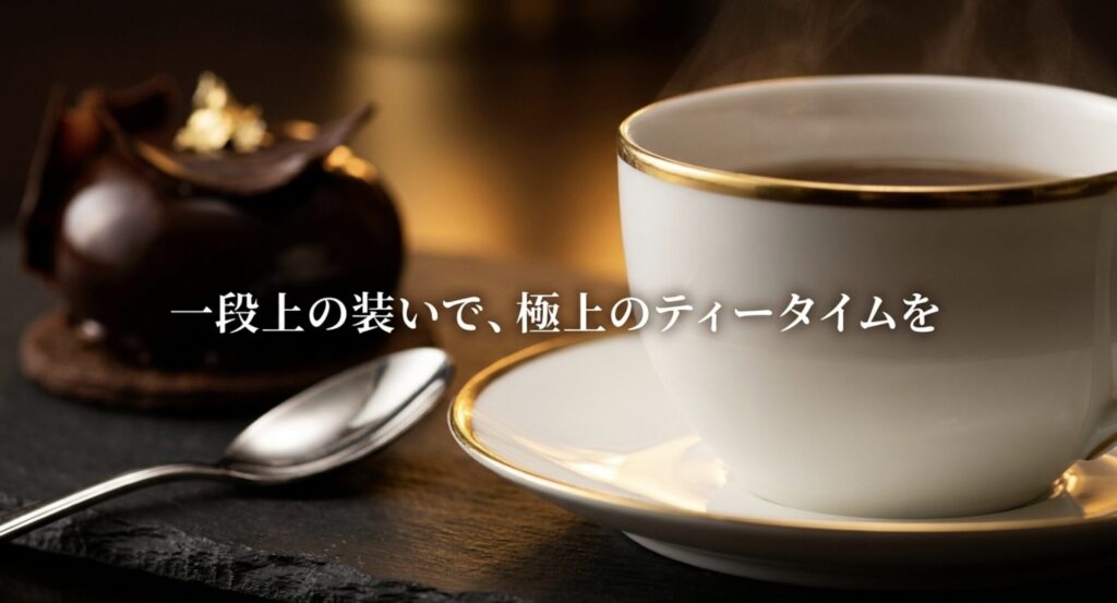 一段上のスマートな装いをしてアマン東京で極上のティータイムを楽しむイメージ