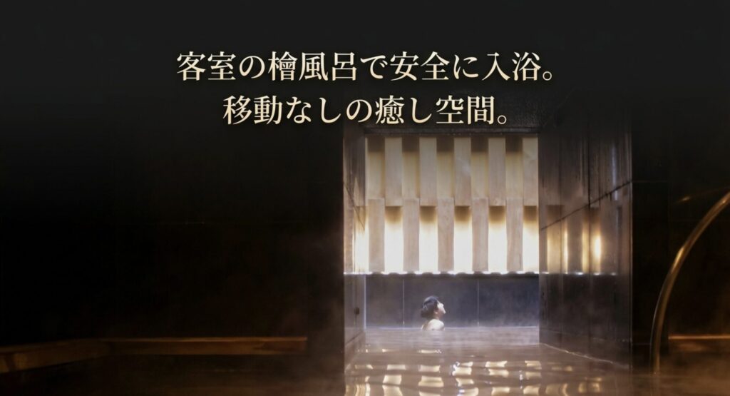 星のや東京の客室に備えられた檜風呂で安全に入浴できる癒し空間の解説画像