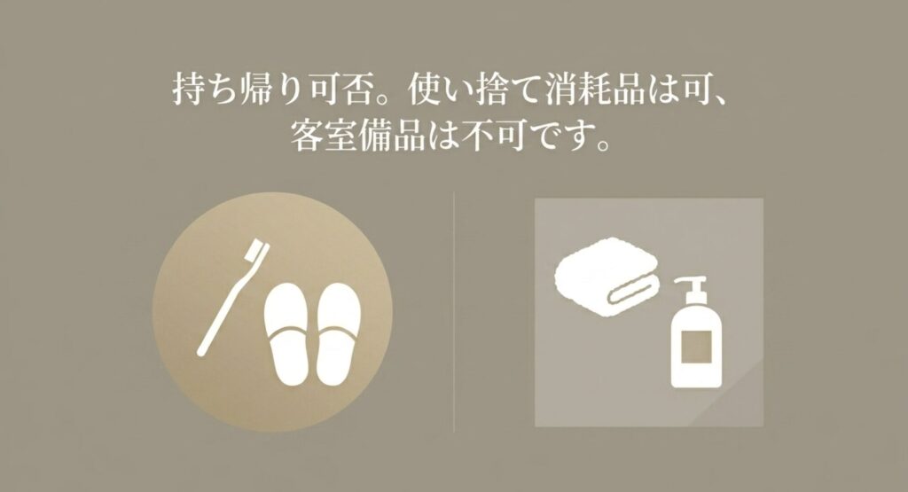 歯ブラシやスリッパなど持ち帰り可能な使い捨て消耗品と、タオルなど持ち帰り不可な客室備品のイラスト