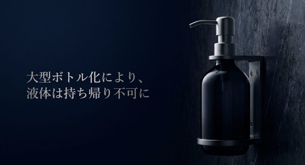 大型ボトル化により、液体アメニティは持ち帰り不可になったことを示す壁掛けポンプ式ディスペンサーの画像