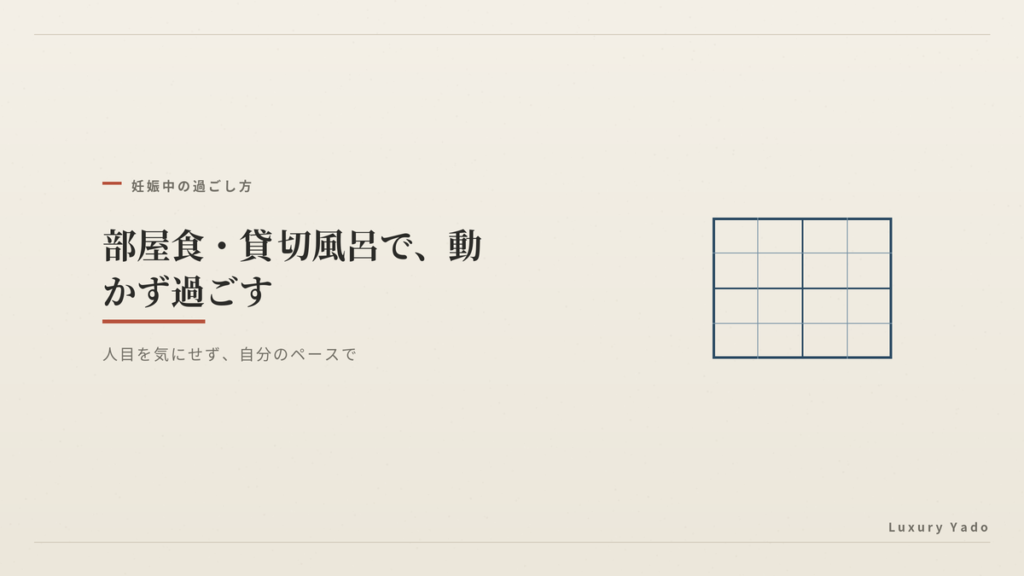 部屋食と貸切風呂で動かず過ごす客室のイメージ