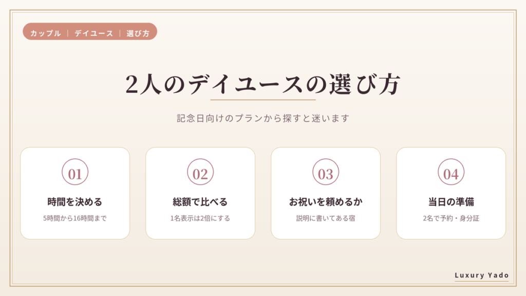 カップルのデイユースの選び方4つ(時間・総額・お祝い・当日の準備)