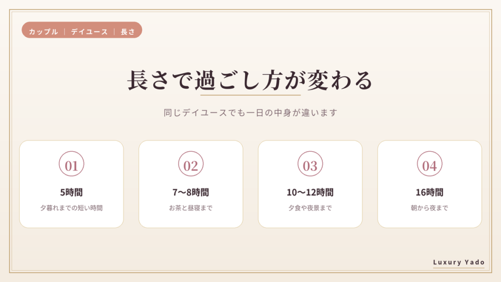 デイユースの長さ別の過ごし方(5時間から16時間)