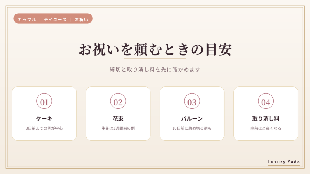 デイユースでケーキや花束を頼むときの締切と取り消し料の目安