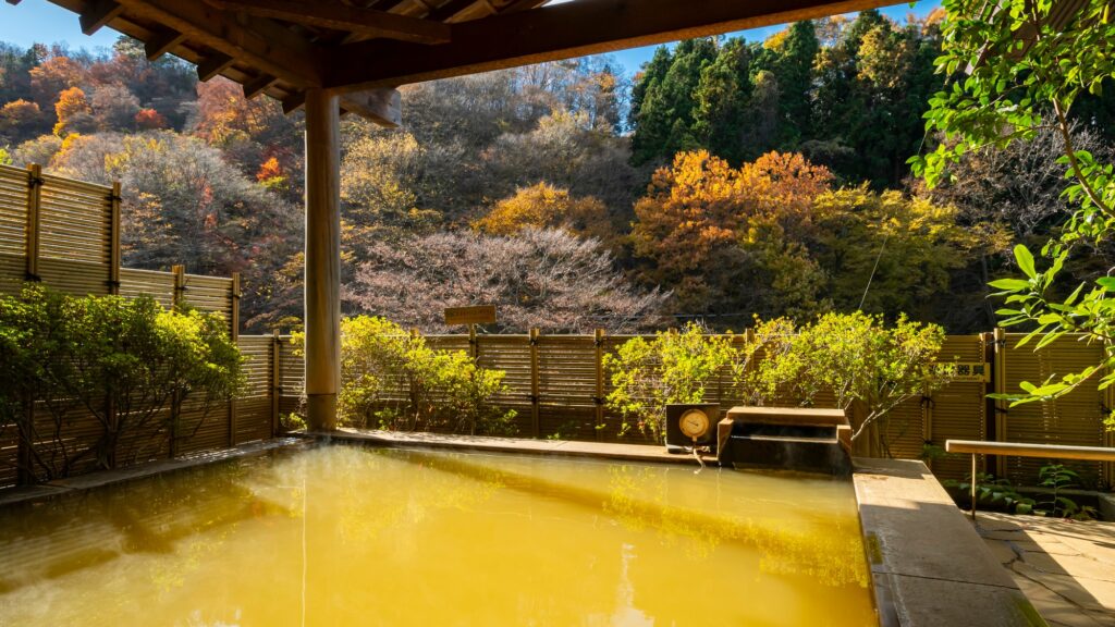 プレミアム奥伊香保旅邸 諧暢楼 本館の茶褐色の湯の露天風呂