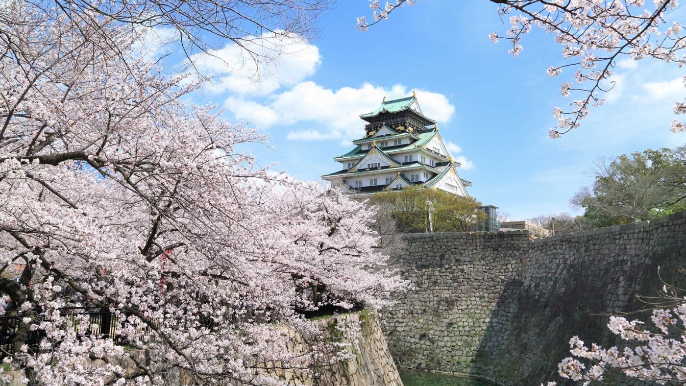 桜の向こうに見える大阪城