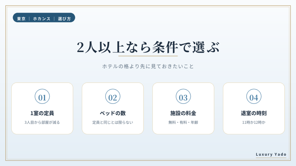 2人以上のホカンスは定員・プール・チェックアウト時刻で選ぶ