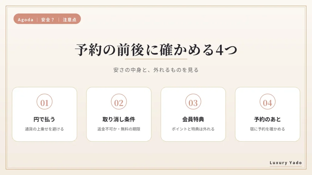 Agodaで予約する前後に確かめる4つ(円で払う・取り消し条件・会員特典・予約後の確認)