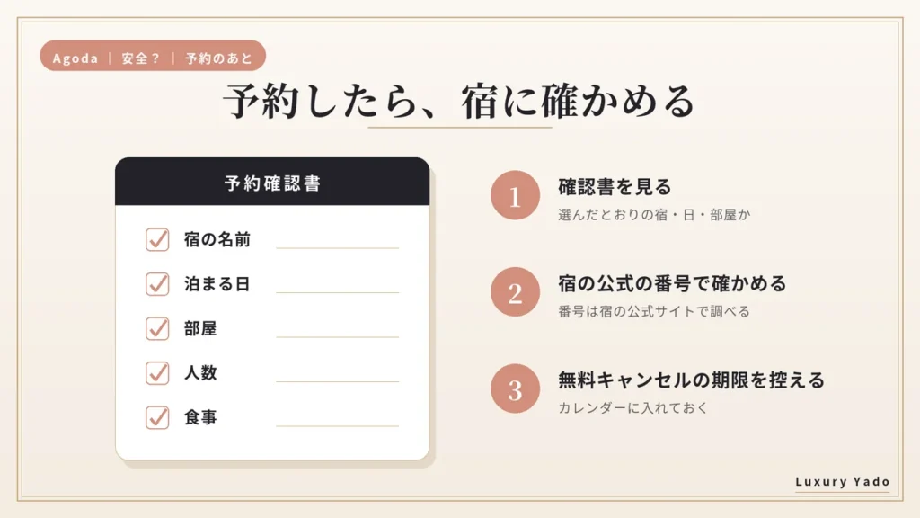 Agodaで予約したあとに宿へ確かめる3つの手順