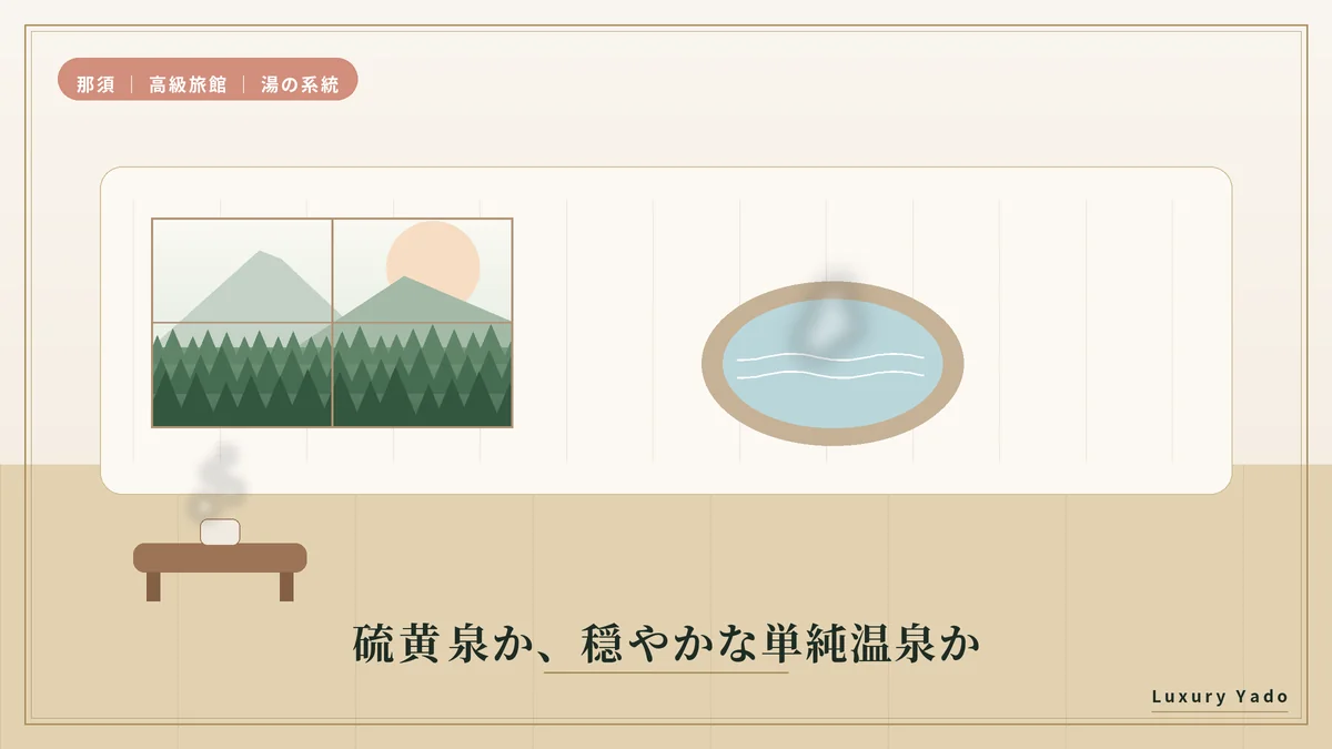 森を望む客室露天風呂のイラスト(硫黄泉と単純温泉)